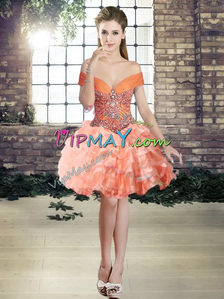 Extravagant Peach Sleeveless Brush Train Beading and Ruffled Layers Ball Gown Prom Dress