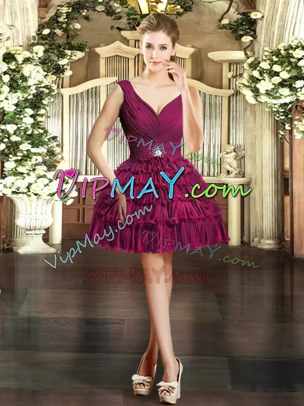 Beautiful Burgundy Sleeveless Floor Length Ruffled Layers Backless Quince Ball Gowns V-neck