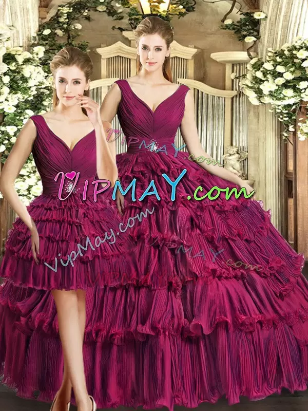 Beautiful Burgundy Sleeveless Floor Length Ruffled Layers Backless Quince Ball Gowns V-neck