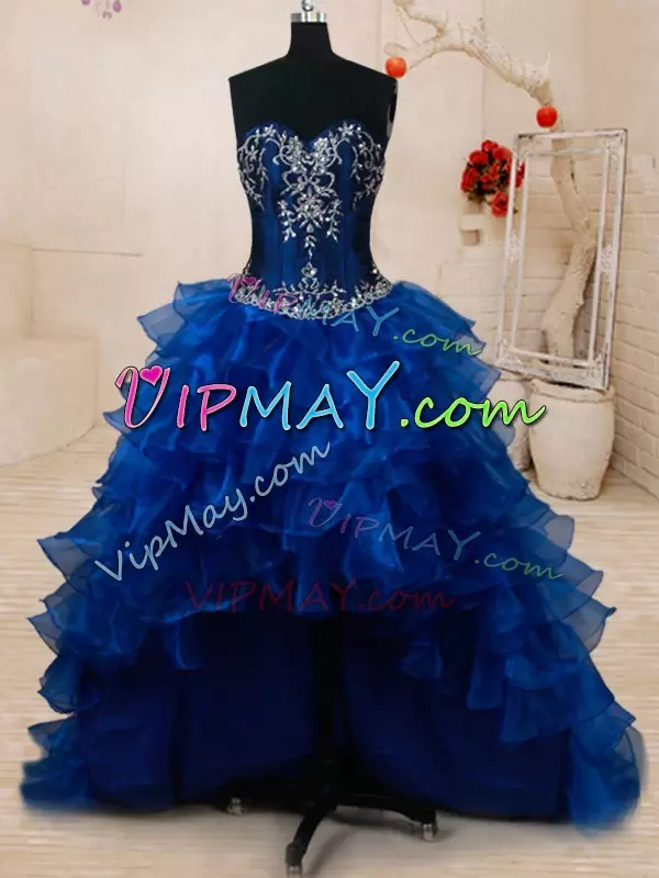 High End Organza and Taffeta Sleeveless With Train Sweet 16 Dress Brush Train and Beading and Ruffled Layers and Pick Ups