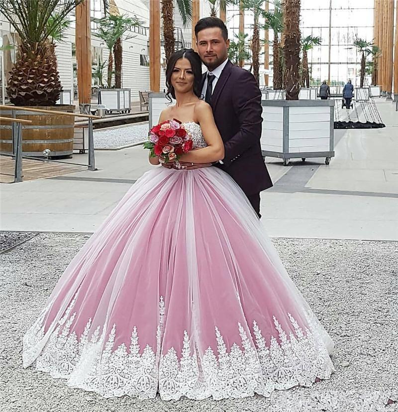 Two Tone Pink with Ivory Lace and Appliques Sweet 16 Dress