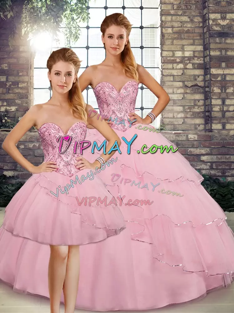 Exquisite Pink Three Pieces Beading and Ruffled Layers Vestidos de Quinceanera Lace Up Tulle Sleeveless Floor Length