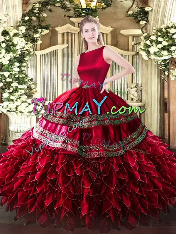 New Style Ball Gowns Quinceanera Dresses Wine Red Scoop Satin and Organza Sleeveless Floor Length Clasp Handle