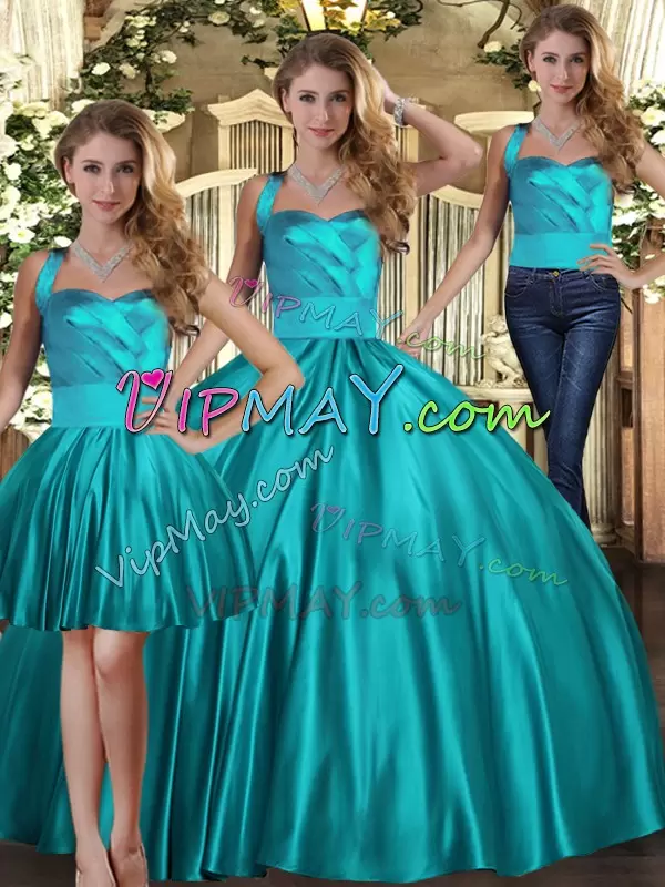 Teal Halter Top Lace Up Ruching 15th Birthday Dress Sleeveless