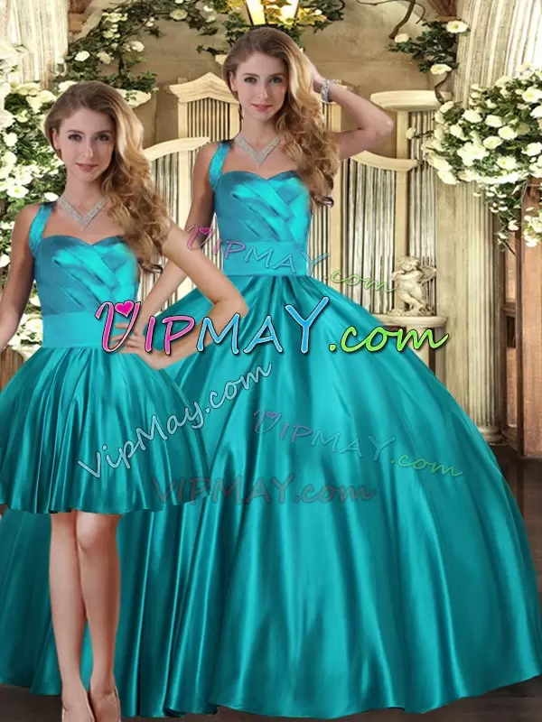 Teal Halter Top Lace Up Ruching 15th Birthday Dress Sleeveless