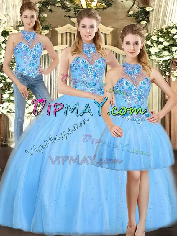 Halter Top Sleeveless Quinceanera Dresses Floor Length Embroidery Baby Blue Tulle