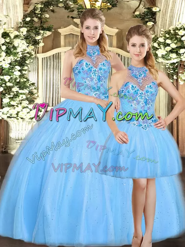 Halter Top Sleeveless Quinceanera Dresses Floor Length Embroidery Baby Blue Tulle