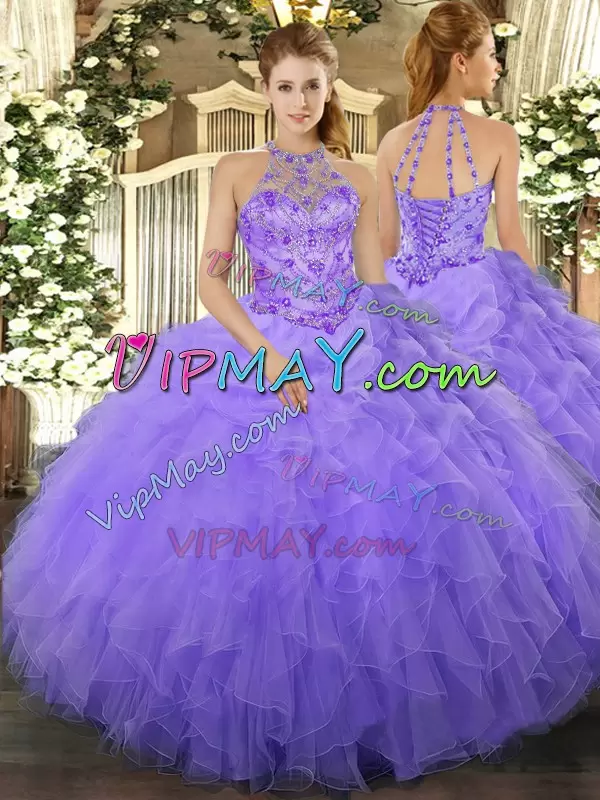 Designer Lavender Organza Lace Up 15 Quinceanera Dress Sleeveless Floor Length Beading and Ruffles