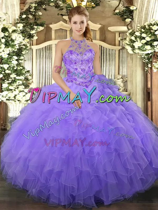 Designer Lavender Organza Lace Up 15 Quinceanera Dress Sleeveless Floor Length Beading and Ruffles