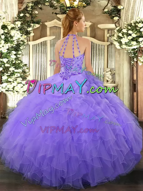 Designer Lavender Organza Lace Up 15 Quinceanera Dress Sleeveless Floor Length Beading and Ruffles