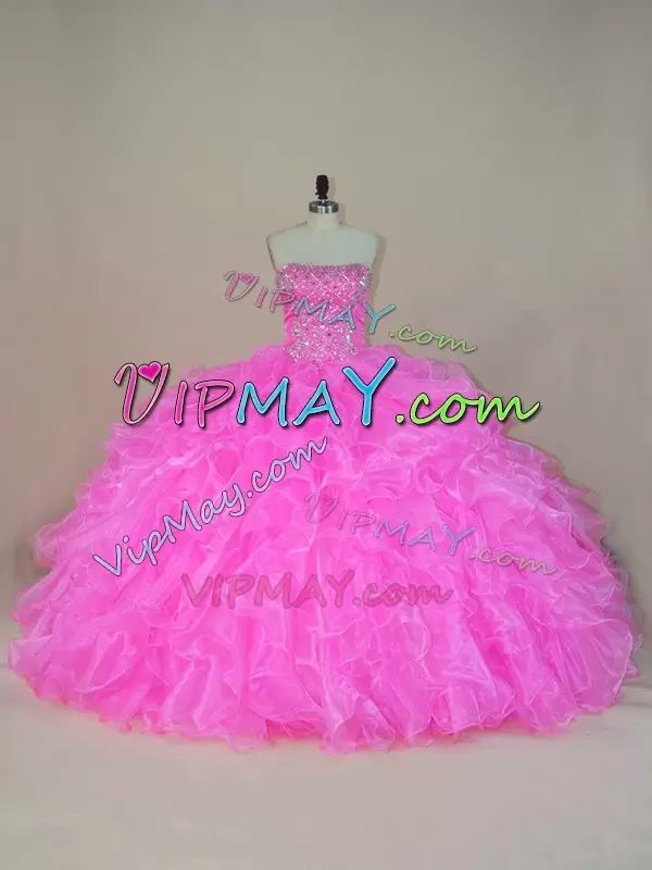 Super Pink Ball Gowns Organza Poofy Beading and Ruffles Long Ball Gown Quince Dress