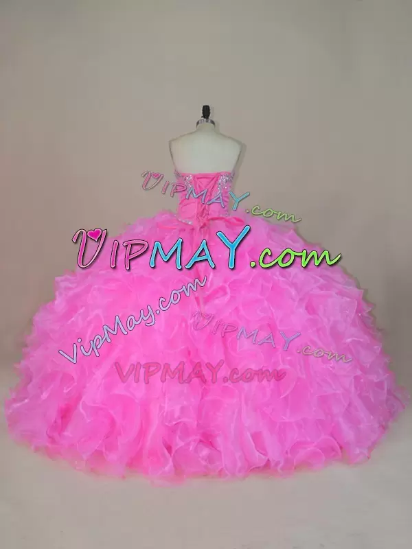 Super Pink Ball Gowns Organza Poofy Beading and Ruffles Long Ball Gown Quince Dress