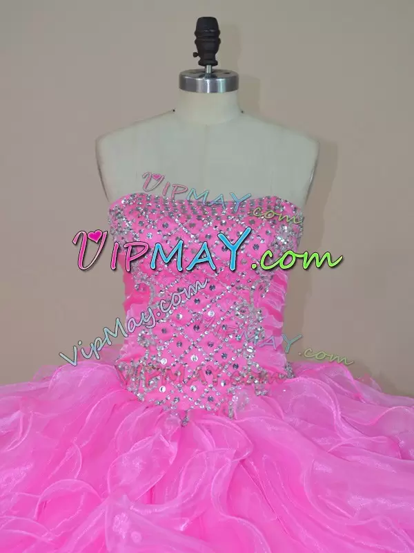 Super Pink Ball Gowns Organza Poofy Beading and Ruffles Long Ball Gown Quince Dress