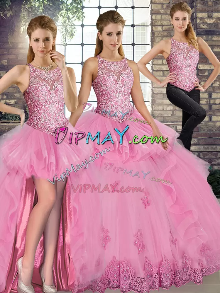 Rose Pink 15 Quinceanera Dress Military Ball and Sweet 16 and Quinceanera with Lace and Embroidery and Ruffles Scoop Sleeveless Lace Up