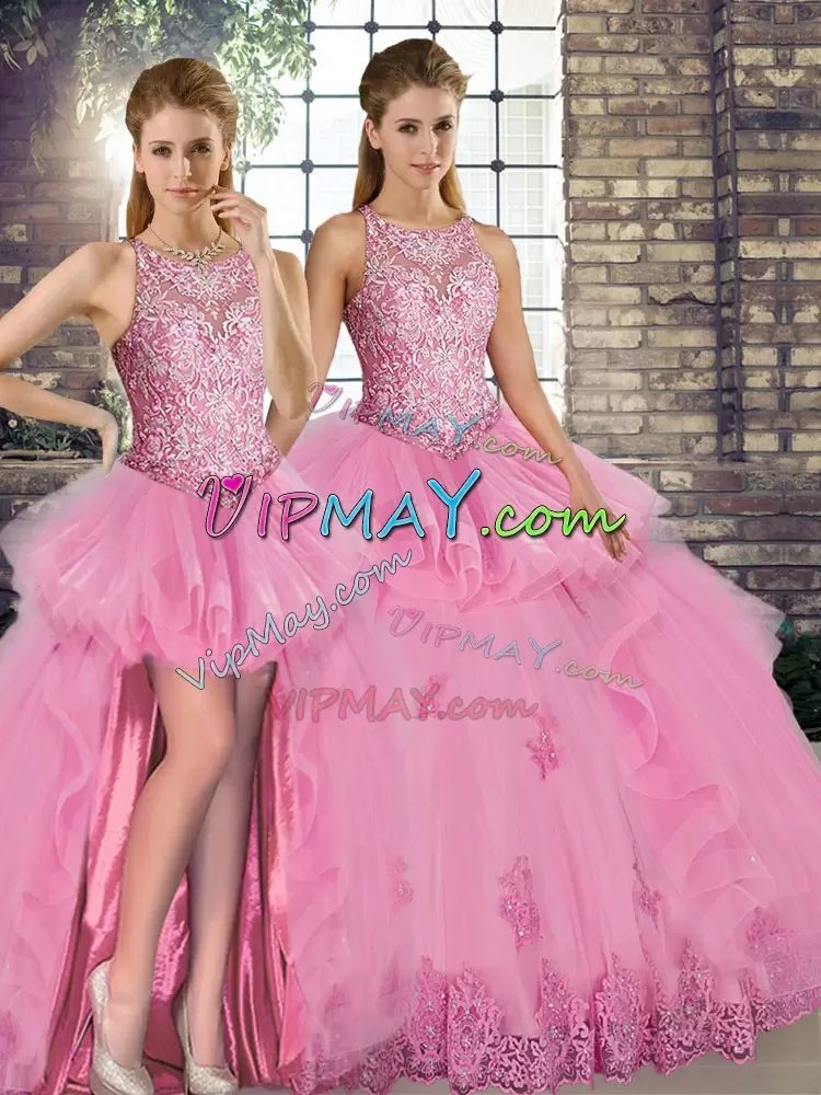 Rose Pink 15 Quinceanera Dress Military Ball and Sweet 16 and Quinceanera with Lace and Embroidery and Ruffles Scoop Sleeveless Lace Up