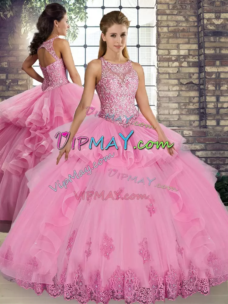 Rose Pink 15 Quinceanera Dress Military Ball and Sweet 16 and Quinceanera with Lace and Embroidery and Ruffles Scoop Sleeveless Lace Up