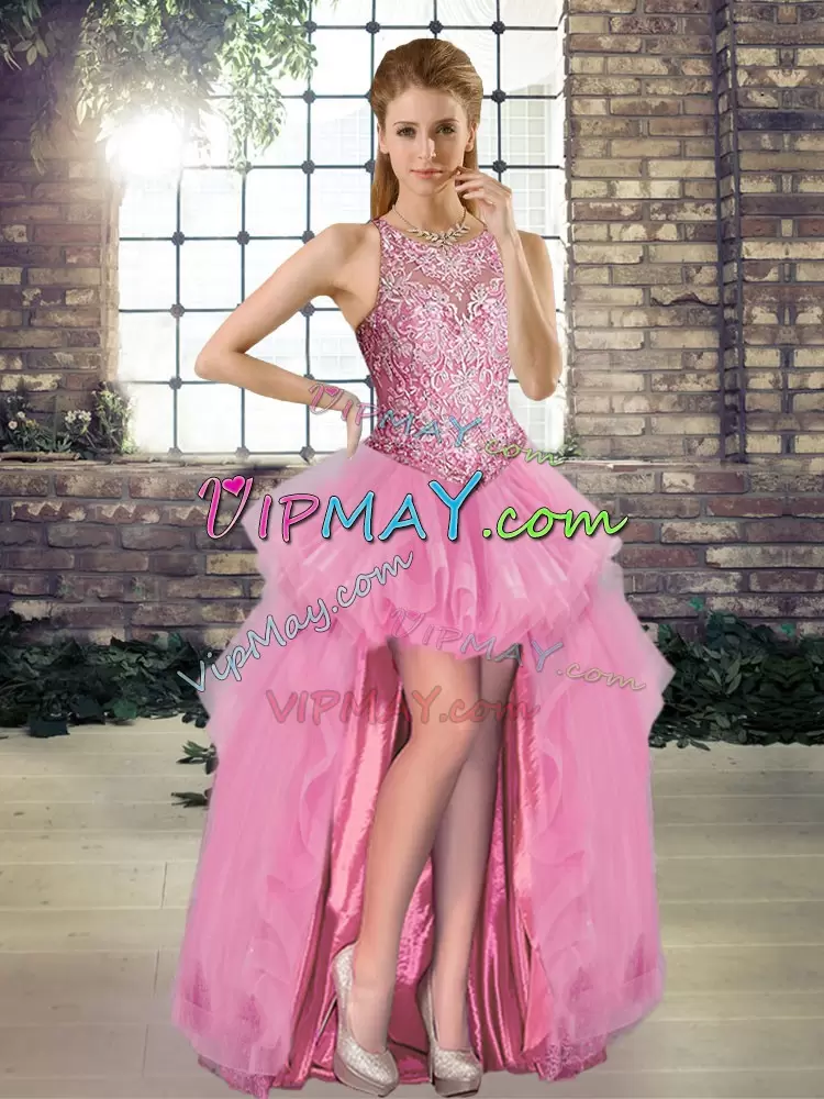 Rose Pink 15 Quinceanera Dress Military Ball and Sweet 16 and Quinceanera with Lace and Embroidery and Ruffles Scoop Sleeveless Lace Up