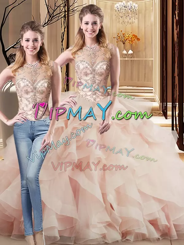 Fantastic Lace Up Quinceanera Dresses Peach for Military Ball and Sweet 16 and Quinceanera with Beading and Ruffles Brush Train