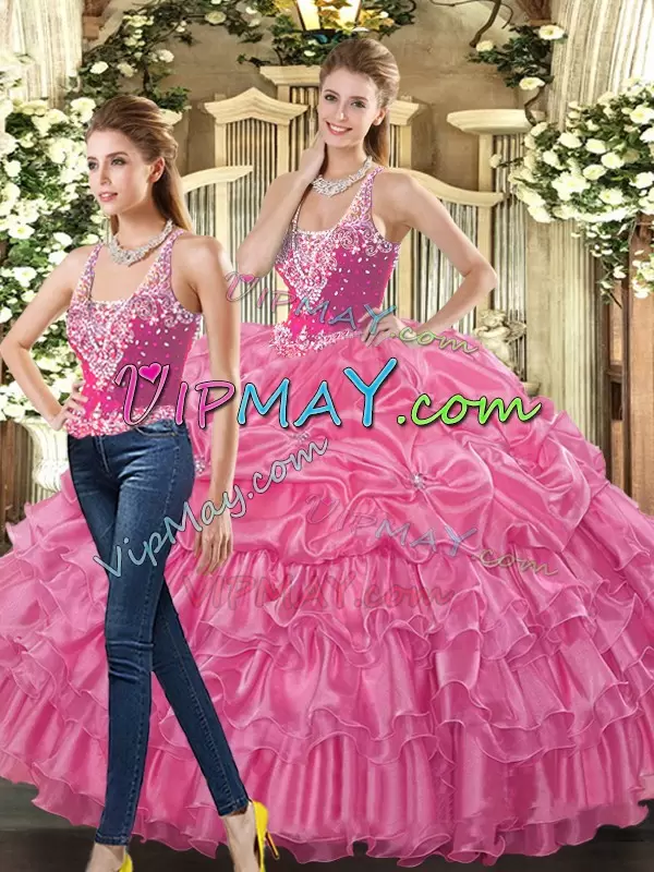 Tulle Straps Sleeveless Lace Up Beading and Ruffles and Pick Ups Sweet 16 Dresses in Hot Pink