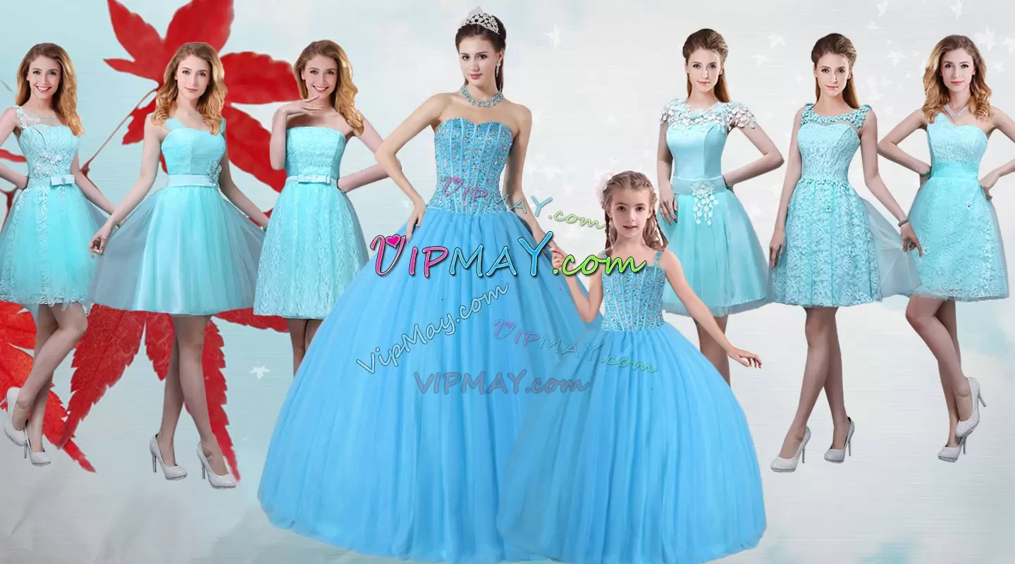 Romantic Baby Blue Tulle Lace Up Quince Ball Gowns Sleeveless Floor Length Beading