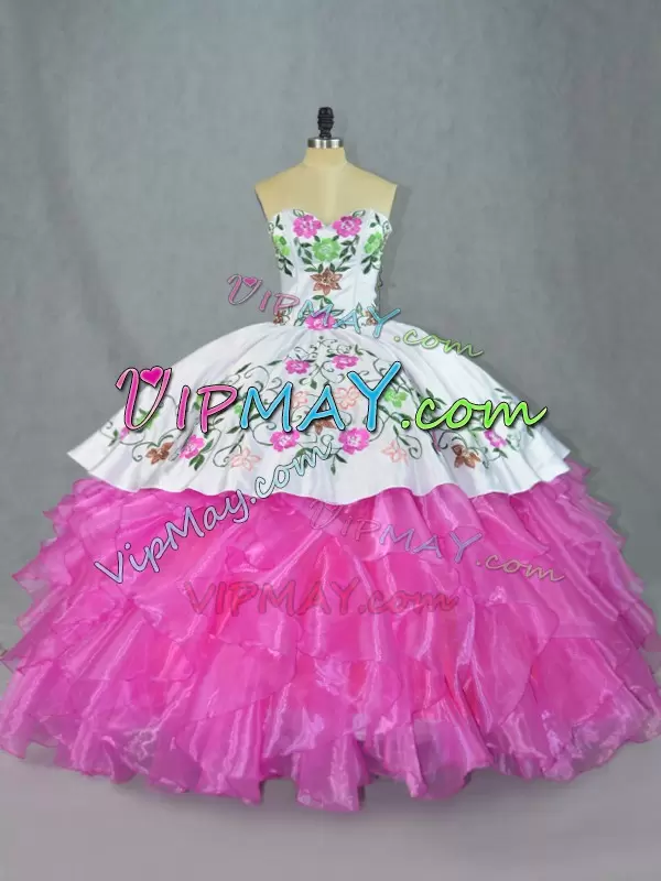 White and Hot Pink Floral Embroidery Quinceanera Dress with Ruffles