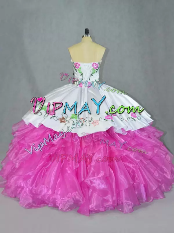 White and Hot Pink Floral Embroidery Quinceanera Dress with Ruffles