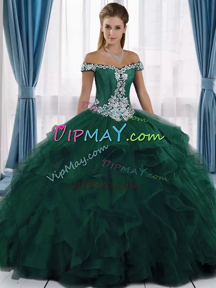 Stylish Sleeveless Tulle Floor Length Lace Up Ball Gown Prom Dress in Dark Green with Appliques and Ruffles