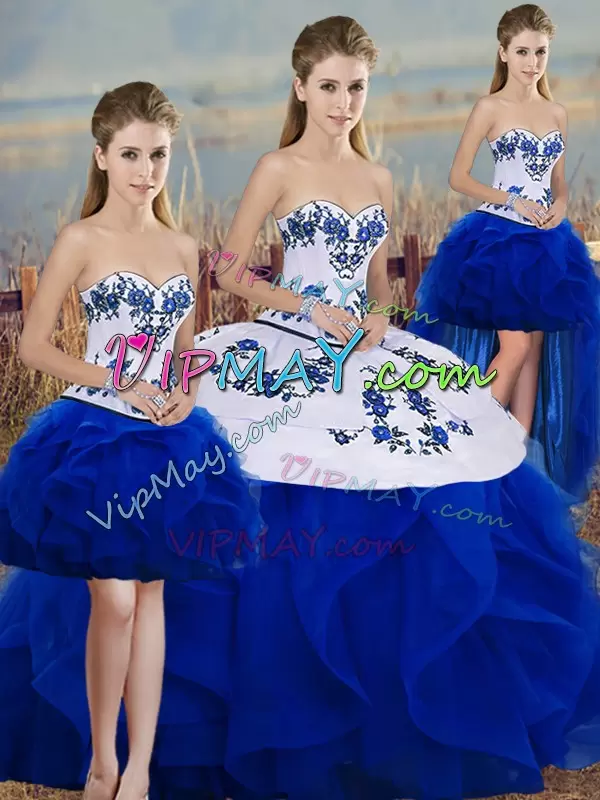 Tulle Sleeveless Floor Length 15th Birthday Dress and Embroidery and Ruffles and Bowknot