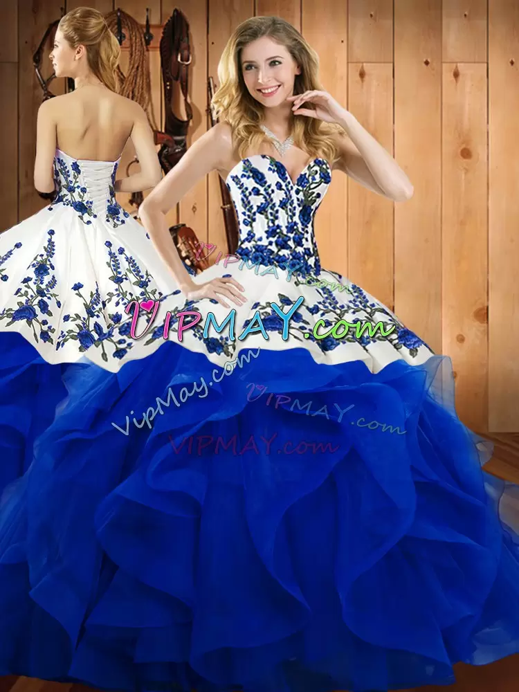 Blue Satin and Organza Lace Up Quinceanera Gowns Sleeveless Floor Length Embroidery