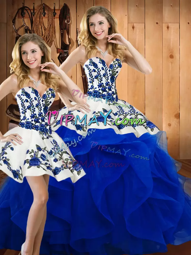 Blue Satin and Organza Lace Up Quinceanera Gowns Sleeveless Floor Length Embroidery