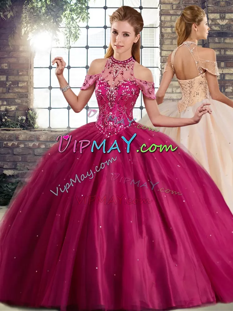 Sleeveless Tulle Brush Train Lace Up Quinceanera Gowns in Fuchsia with Beading