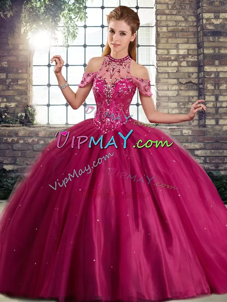 Sleeveless Tulle Brush Train Lace Up Quinceanera Gowns in Fuchsia with Beading