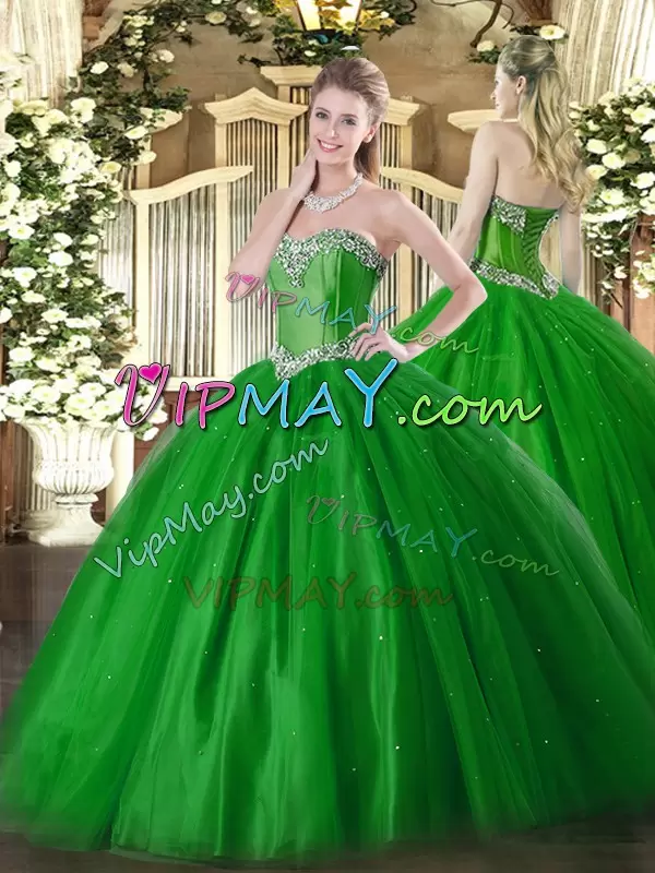 Romantic Green Ball Gowns Sweetheart Sleeveless Tulle Floor Length Lace Up Beading Quince Ball Gowns