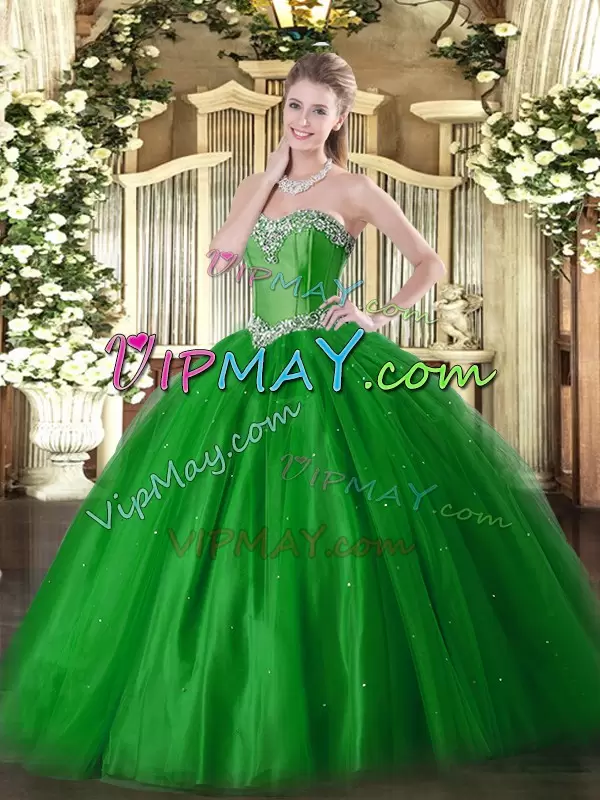 Romantic Green Ball Gowns Sweetheart Sleeveless Tulle Floor Length Lace Up Beading Quince Ball Gowns