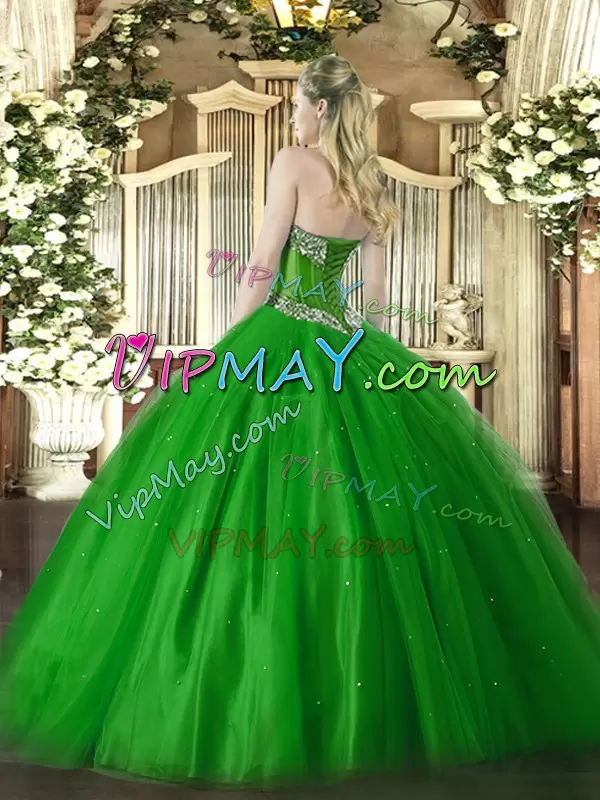 Romantic Green Ball Gowns Sweetheart Sleeveless Tulle Floor Length Lace Up Beading Quince Ball Gowns