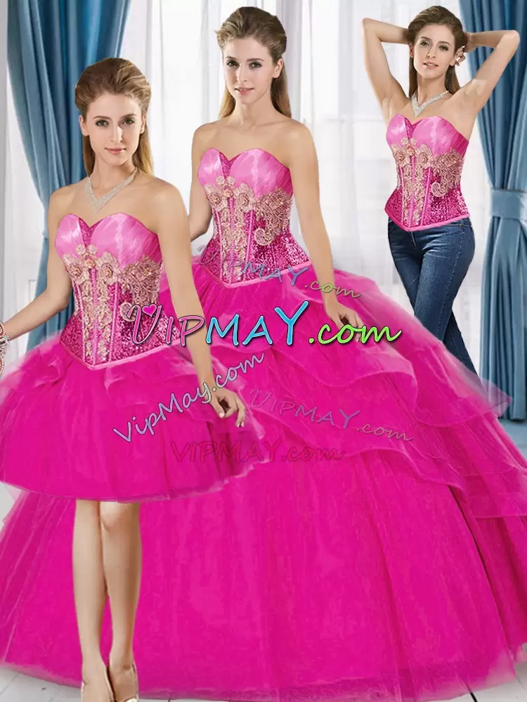 Deluxe Ball Gowns Sweet 16 Dress Fuchsia Sweetheart Tulle Sleeveless Floor Length Lace Up