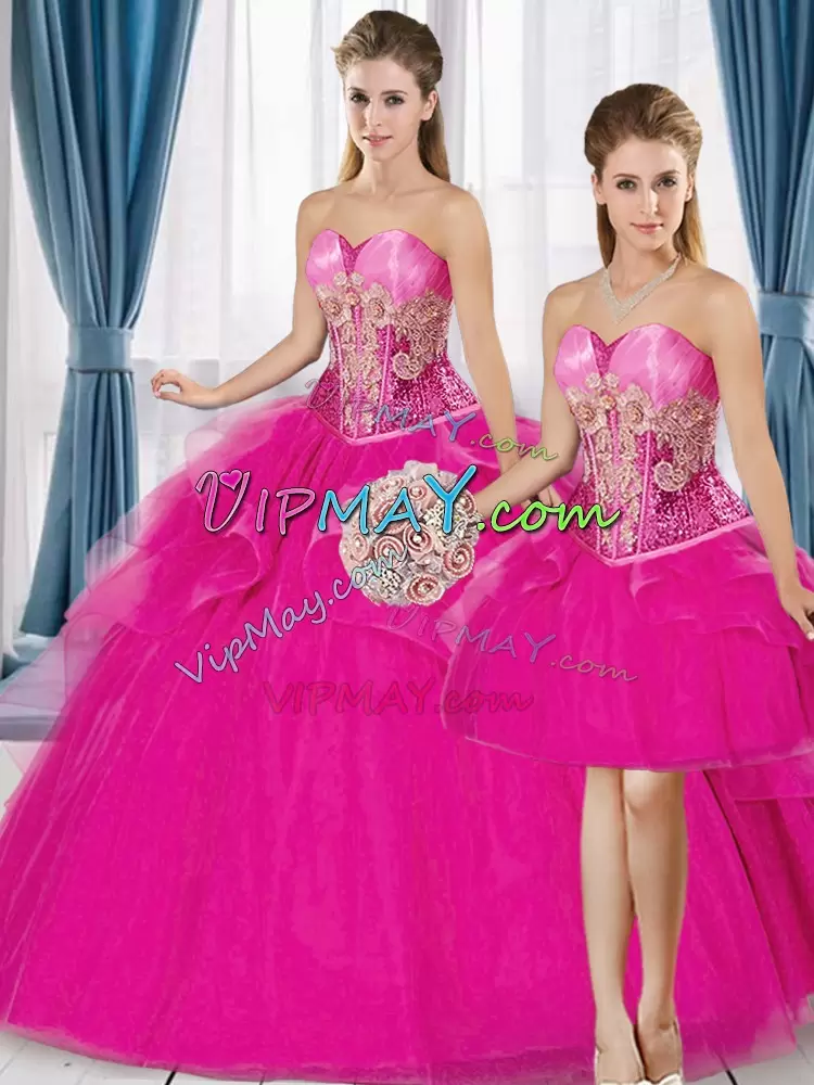 Deluxe Ball Gowns Sweet 16 Dress Fuchsia Sweetheart Tulle Sleeveless Floor Length Lace Up