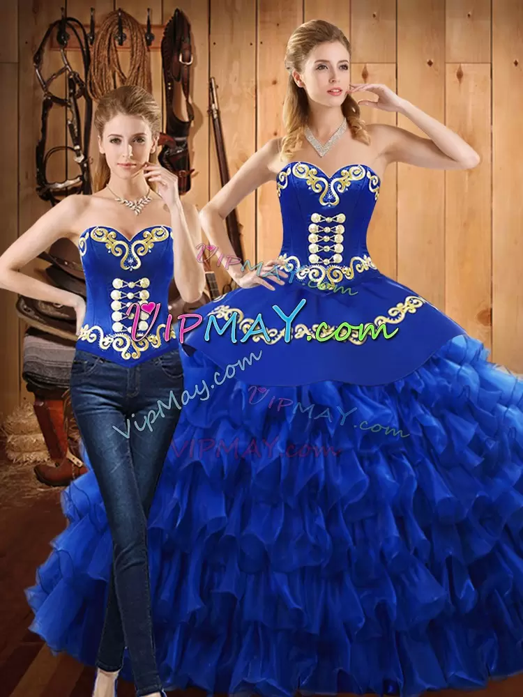 Exquisite Blue Ball Gowns Embroidery and Ruffled Layers Vestidos de Quinceanera Lace Up Tulle Sleeveless Floor Length