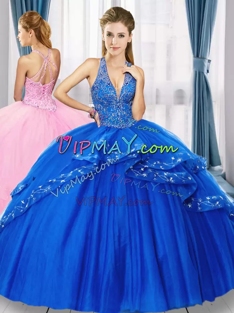 Modern Royal Blue Ball Gowns Tulle V-neck Sleeveless Beading Floor Length Lace Up Quinceanera Gowns