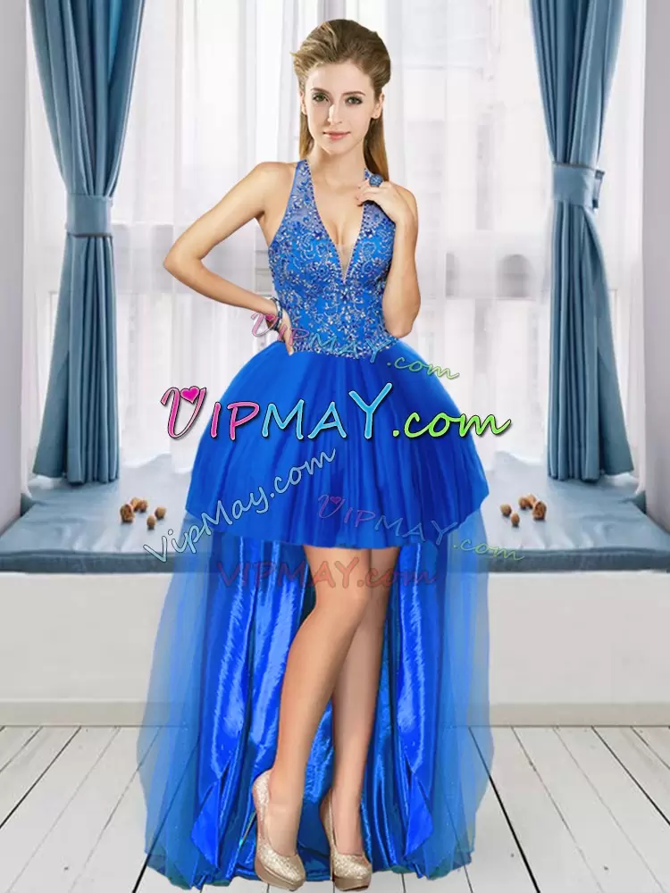 Modern Royal Blue Ball Gowns Tulle V-neck Sleeveless Beading Floor Length Lace Up Quinceanera Gowns