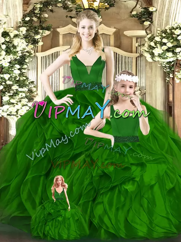 Floor Length Green Quinceanera Dress Organza Sleeveless Beading and Ruffles