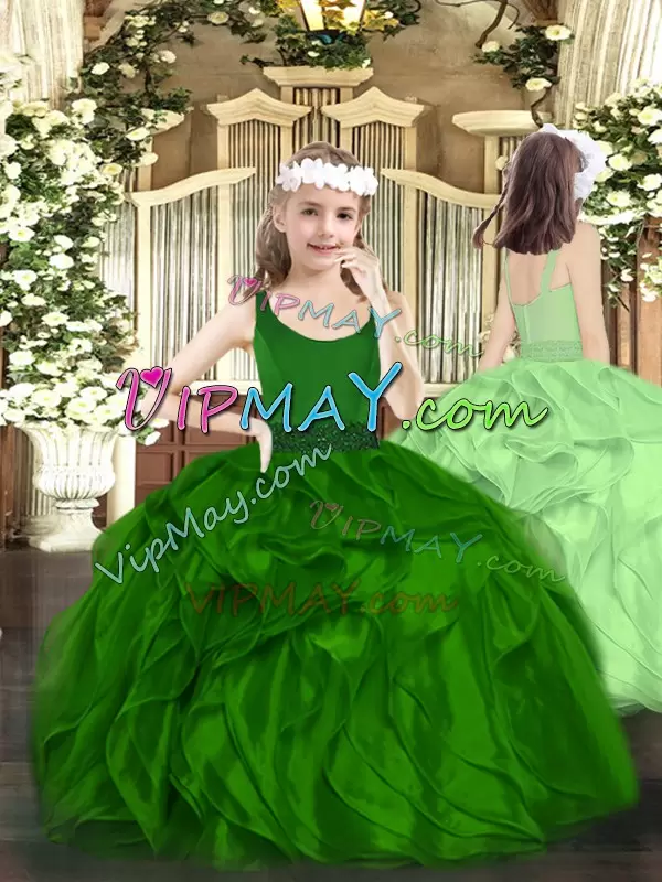 Floor Length Green Quinceanera Dress Organza Sleeveless Beading and Ruffles