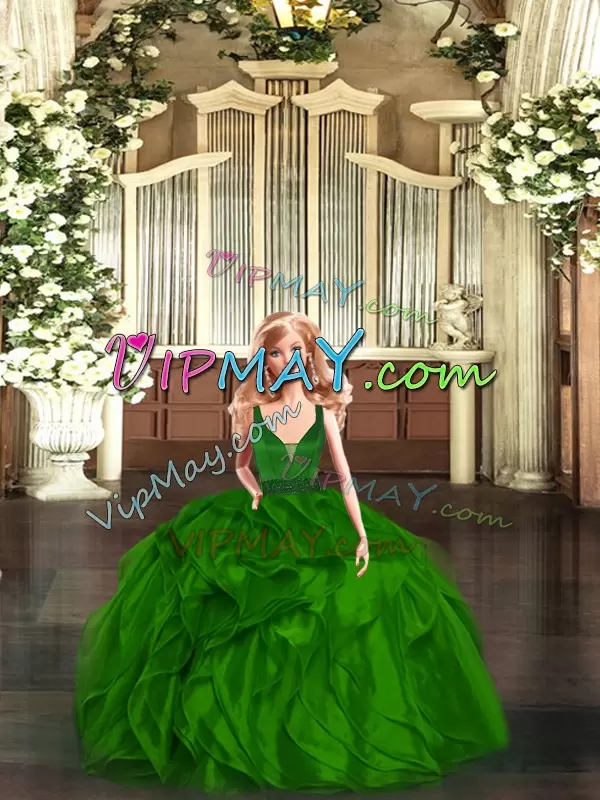 Floor Length Green Quinceanera Dress Organza Sleeveless Beading and Ruffles