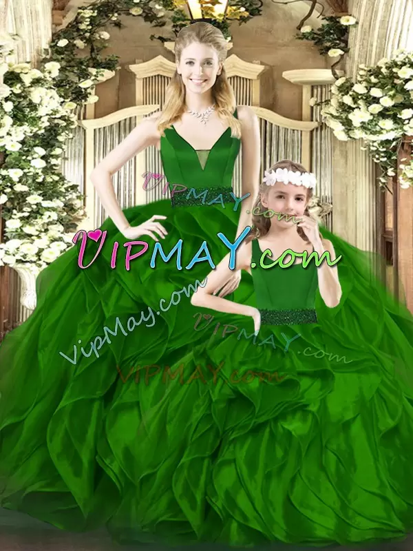 Floor Length Green Quinceanera Dress Organza Sleeveless Beading and Ruffles