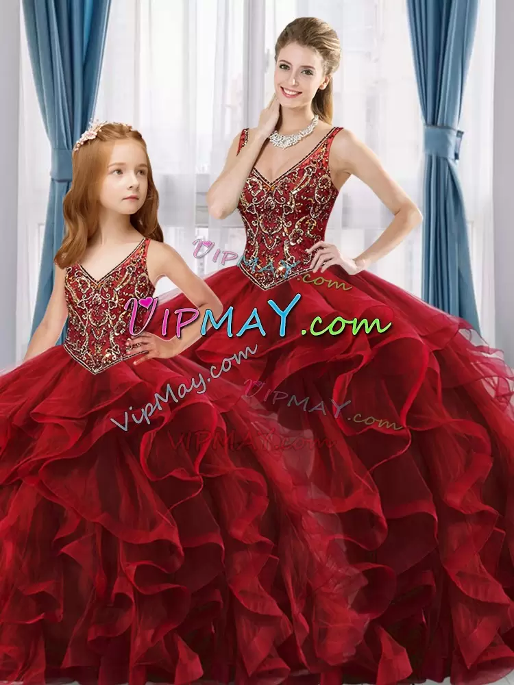 Wine Red Tulle Lace Up Quince Ball Gowns Sleeveless Floor Length Beading and Ruffles