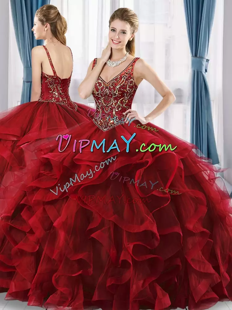 Wine Red Tulle Lace Up Quince Ball Gowns Sleeveless Floor Length Beading and Ruffles