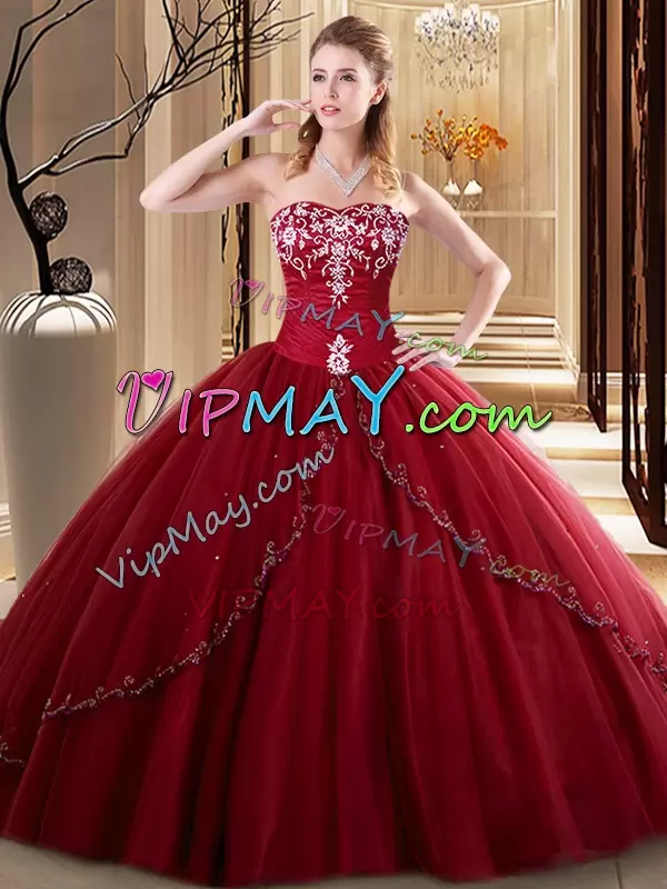 Sophisticated Wine Red Lace Up Vestidos de Quinceanera Embroidery Sleeveless Floor Length