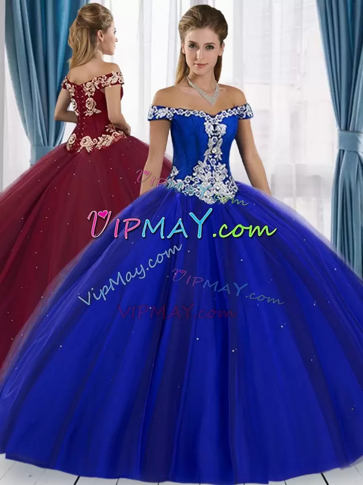 Custom Made Royal Blue Tulle Lace Up Off The Shoulder Sleeveless Floor Length Quinceanera Dress Appliques