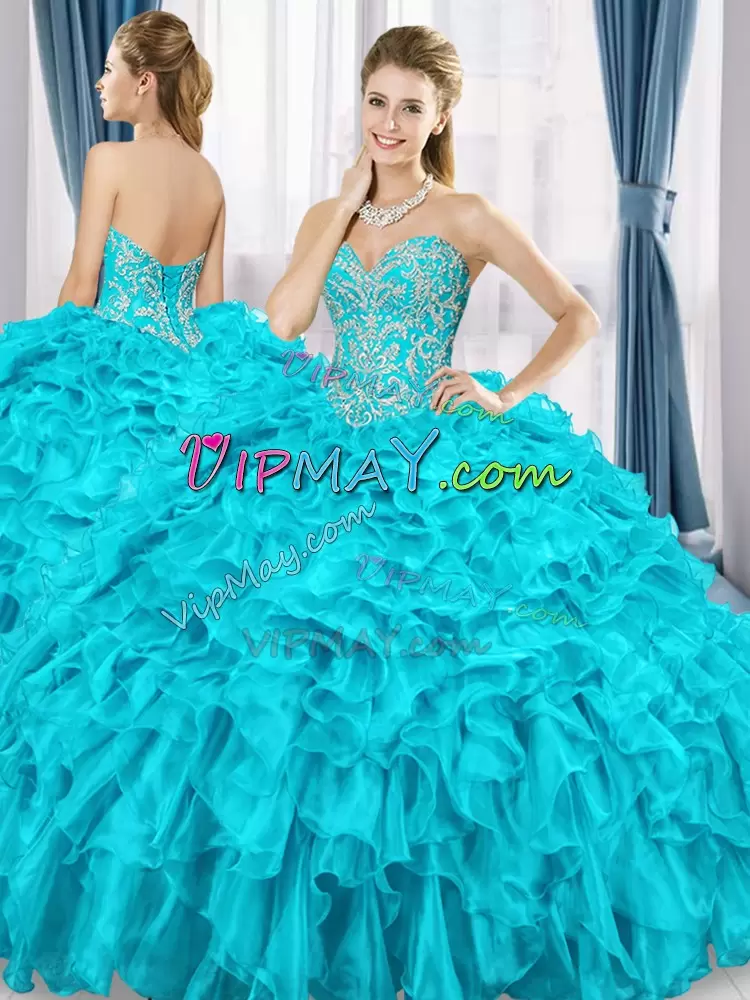 Floor Length Aqua Blue 15 Quinceanera Dress Sweetheart Sleeveless Lace Up