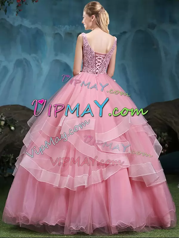 Classical Ball Gowns Sweet 16 Quinceanera Dress Baby Pink Scoop Tulle Sleeveless Floor Length Lace Up